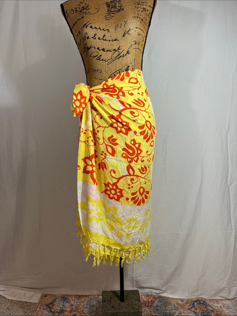 Vibrant Tropical Floral Sarong Beach Wrap Swim Cover Up Fringe Yellow + orange